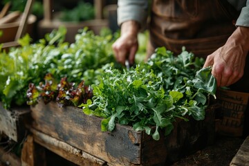 Fototapeta premium A farmer's hands harvesting organic leafy greens in a wooden crate, showcasing fresh, vibrant produce ready for market or home use.