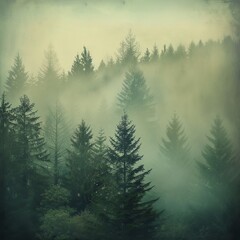 Fototapeta premium Misty forest landscape with dense evergreen trees shrouded in fog, creating a serene and mysterious atmosphere.