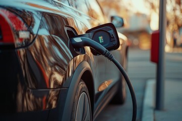 Close up shot of electric car charging at station, emphasizing charging equipment details