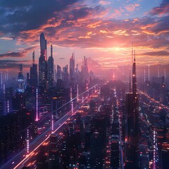 Fototapeta premium Futuristic cityscape at sunset with glowing skyscrapers, bustling streets, and a beautiful sky filled with vibrant colors.