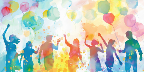Friends share laughter and joy while holding colorful balloons under a sunny sky