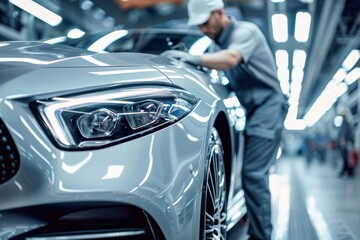 Automotive worker inspects silver car on assembly line with precision under studio lighting