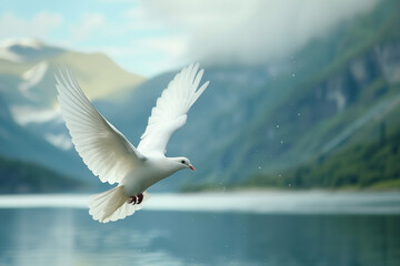 Obraz premium White dove soaring above a tranquil mountain lake