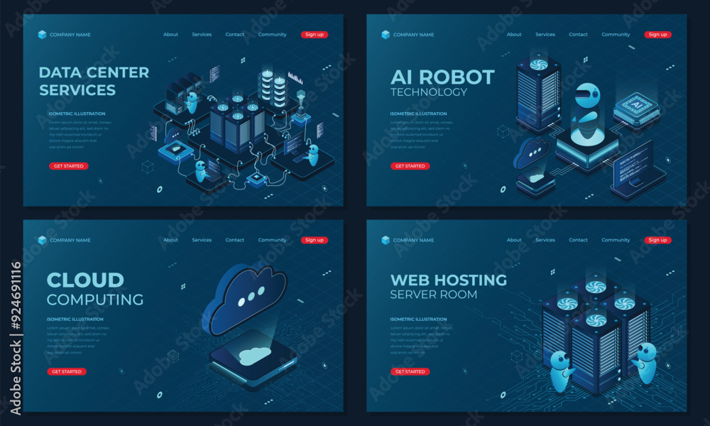 Poster set of isometric landing page templates. modern technology concept for datacenter with server, artif