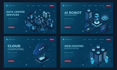 Set of isometric landing page templates. Modern technology concept for datacenter with server, artificial intelligence, and web hosting technology
