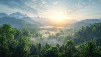 the beauty of forests and mountains when the sun rises