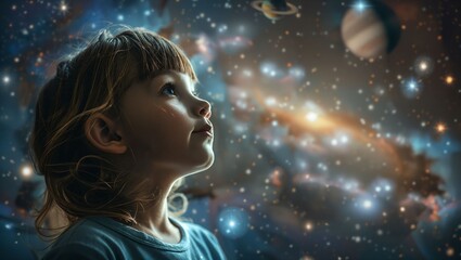 A Curious Child Gazes at the Stars: An Enchanting Journey Through the Cosmos, Where Dreams and Imagination Collide Under a Brilliant Starry Sky and Whispers of Wonder Abound