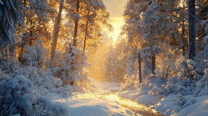 Fototapeta premium Snowy Forest with Tall Pine Trees at Golden Hour and Warm Sunlight Filtering Through Branches
