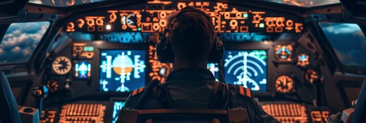 A pilot captain focuses intently in a cockpit with illuminated controls and screens, showcasing aviation expertise and commitment to flying.
