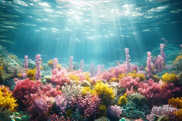 Fototapeta premium Vibrant Underwater Coral Reef Showcasing Diverse Marine Life and Colors