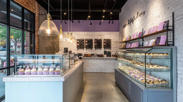 A modern cupcake shop with an industrial design and a wide variety of innovative cupcake