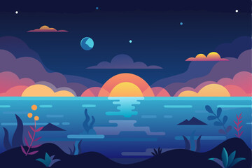 Stylized Sunset Over a Calm Ocean with Plants
