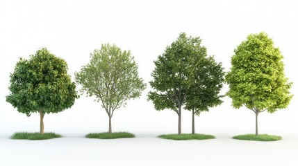 Four Different Trees in a Row on a White Background with Green Grass at the Base