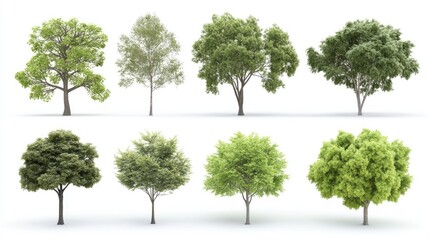 Collection of Various Trees Isolated on White Background Showcasing Different Types and Shapes of Green Foliage