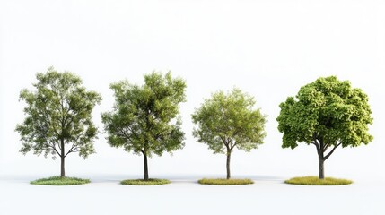 Four Different Trees in a Row Representing Various Stages of Growth and Foliage on a White Background