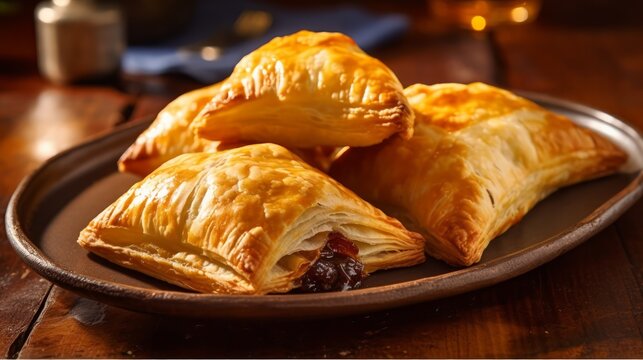 Close-up of golden puff pastry pockets filled with a sweet fruit filling, served on a rustic plate