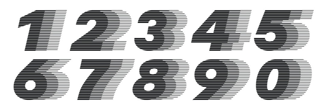 Number font set with modern dynamic horizontal speed lines. Bold fast motion typography with speed trail. Stylized with abstract linear motion pattern 