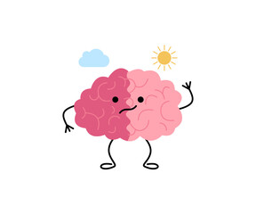 Brain with change emotion, metal bipolar problem, cute kawaii character. Mood disorder. Suffering of positive negative state contrasts. Confusing, stress, anxiety, life crisis. Vector illustration
