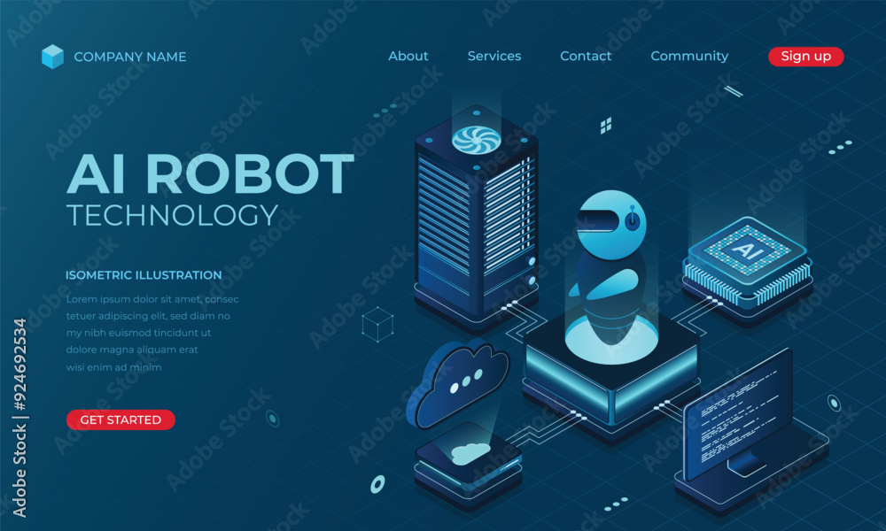 Poster isometric artificial intelligence robot landing page concept. machine learning technology. digital t