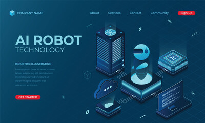 Isometric artificial intelligence robot landing page concept. Machine learning technology. Digital technology website landing page. Vector illustration