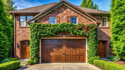 Obraz premium Traditional suburban home exterior featuring a brown garage door, brick facade, and lush ivy growth cascading down the exterior wall on a sunny day.