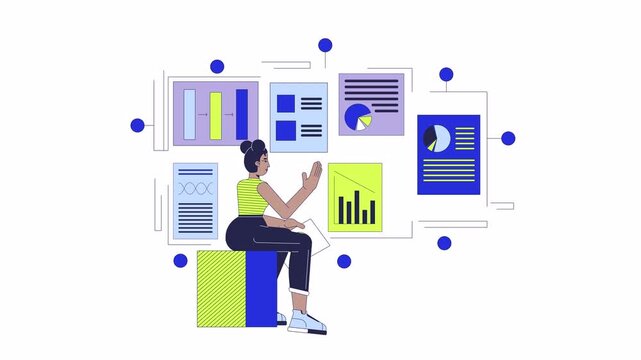 Data-driven product management line 2D animation. Project manager african american woman 4K video motion graphic. Business analyst with charts linear animated cartoon flat concept, white background