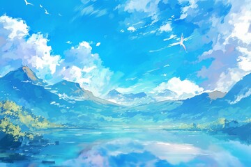 Beautiful landscape painting of a blue sky, lake, and mountains. Dreamy, artistic, and serene scene. Watercolor art with fantasy and anime aesthetics.