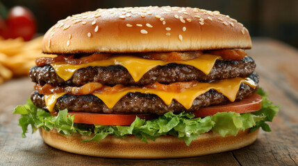 A mouthwatering hamburger featuring twenty thick beef patties piled in the center,