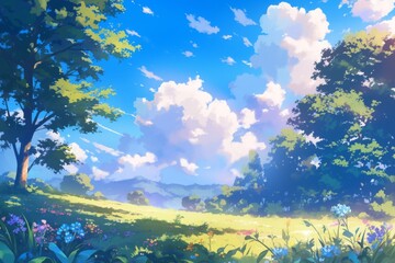 Vibrant green forest with blue sky and fluffy white clouds, cartoon style landscape illustration