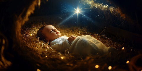 Nativity scene: newborn baby jesus christ in manger on hay. Christian religious nativity illustration