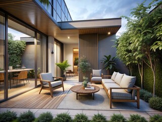 Fototapeta premium Tranquil Retirement Abode: Serene, calming, neutral tones, minimalist design, outdoor terrace
