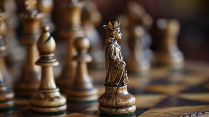Close-up of wooden chess queen on chessboard highlighting detailed craftsmanship, with other chess pieces blurred in the background.
