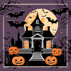 Halloween card with a house, bats and pumpkins