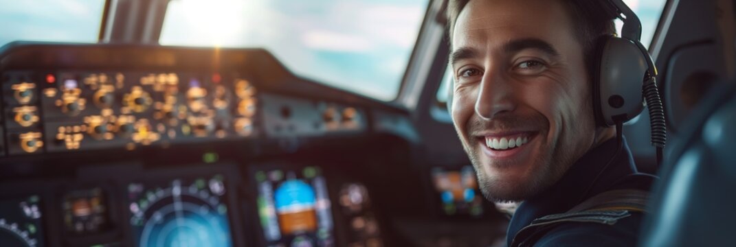 A smiling pilot is seated in the cockpit of an airplane, ready for flight, displaying confidence, professionalism, and joy.