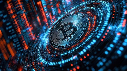 Holographic coin surrounded by encrypted data streams, cryptocurrency encryption, secure financial transactions concept