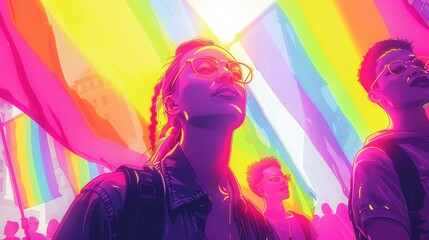 Diverse People Celebrating at a Pride March in Minimalist Line Art