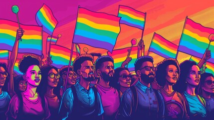 Fototapeta premium Diverse Group of People Celebrating at a Pride March in Line Art.