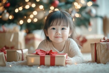 Happy Child Opening Gifts Under the Christmas Tree in a Cozy Modern Bright Interior