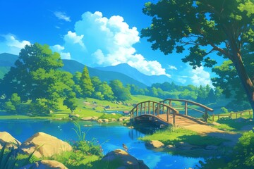 Peaceful summer landscape with a wooden bridge over a lake, lush green grass, mountains in the distance and bright blue sky. Artistic digital painting of a beautiful summer day in nature.