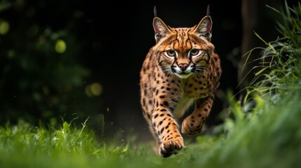 Naklejka premium A Serval cat runs through tall grass with its paws extended.