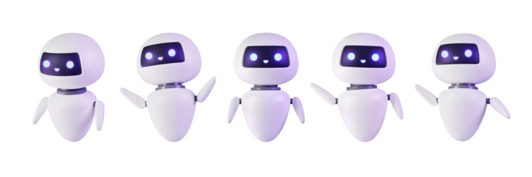 Set of 3d Neural network chat bot. AI servers technology. Cute mascot in various pose. Help assistance, artificial intelligence support device. Smart robotics render. Isolated vector illustration.