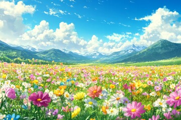 Obraz premium Spring Blossom Wonderland: An Infinite Canvas of Vibrant Colors in a Field of Flowers, Anime-Style, storybook illustrations, comic strips, book illustrations and picture books,Abstract concepts, game