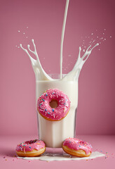 Sweet Playfulness: Detailed Pink Donut with Springs Dropping into Milk