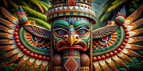 Fototapeta premium Tribal Spirit Totem: Rich colors, intricate geometric patterns, animalistic motifs, cultural significance.