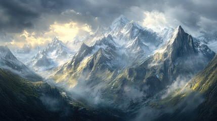 Obraz premium A panoramic view of the Swiss Alps with dramatic clouds and sunlight breaking through,