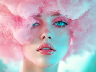 Surreal fashion portrait  stunning woman with cotton candy hair in dramatic lighting