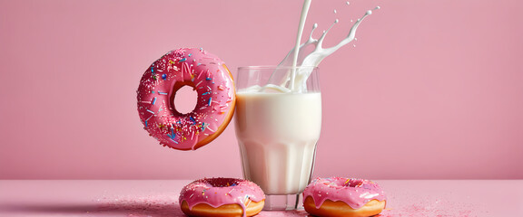 Whimsical Treat: Pink Donut with Springs Dropping inti Milk