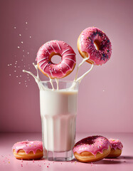 Playful Delight: Pink Donut with Springs Falling into Milk
