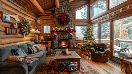 Cabaña de madera con adornos navideños, arbol de navidad y chimenea