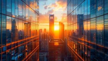 Urban sunset over skyscrapers with vibrant colors.